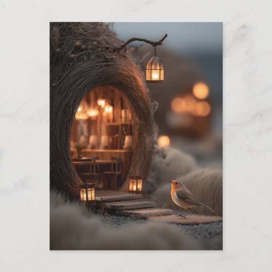 Robin en gloeiend sprookjesachtig huis in een magi briefkaart (Voorkant)
