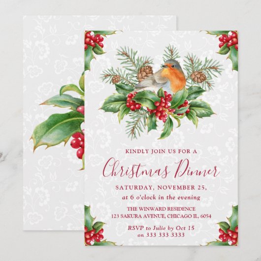 Robin en Holly Berry kerstdinermaal Kaart (Voorkant / Achterkant)
