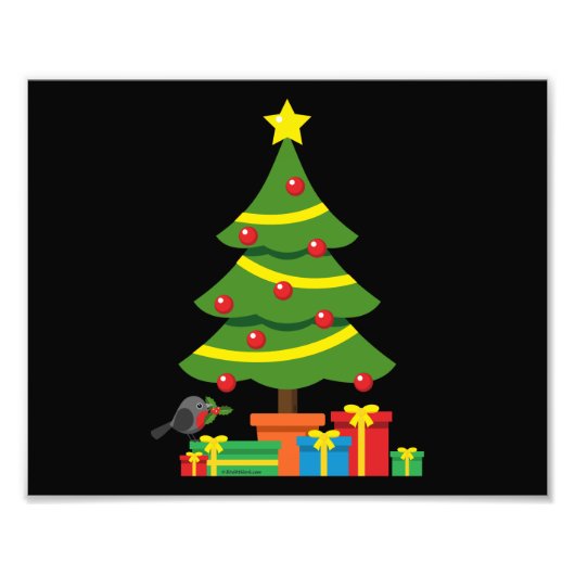 Robin en kleurrijke Cadeaus onder de kerstboom Foto Afdruk (Voorkant)