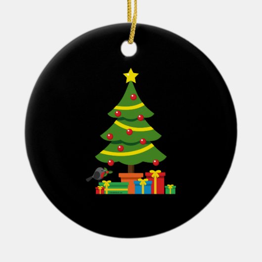 Robin en kleurrijke Cadeaus onder de kerstboom Keramisch Ornament (Voorkant)