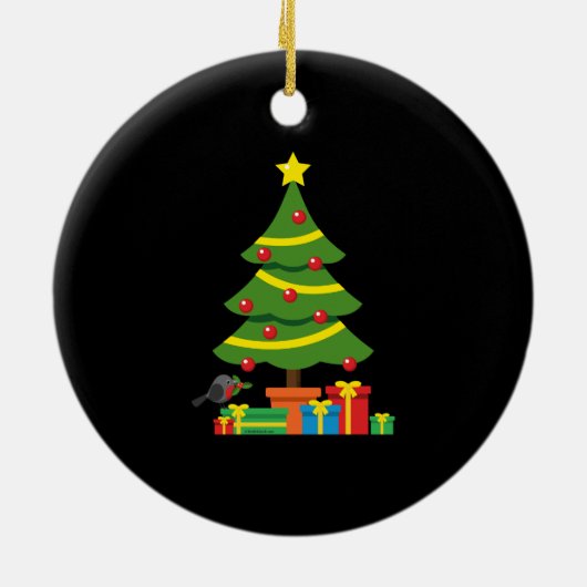 Robin en kleurrijke Cadeaus onder de kerstboom Keramisch Ornament (Achterkant)