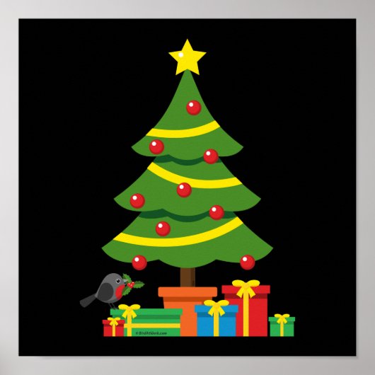 Robin en kleurrijke Cadeaus onder de kerstboom Poster (Voorkant)