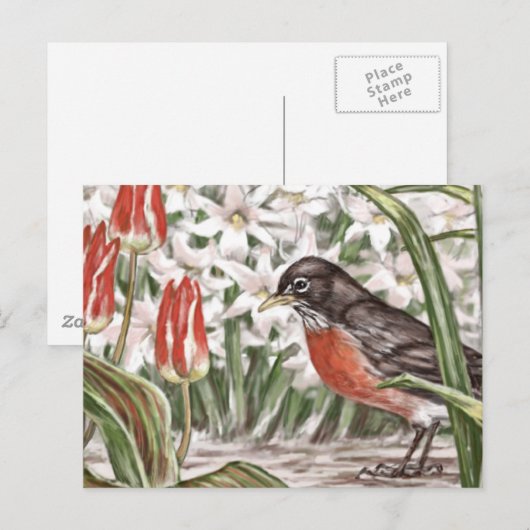 Robin en Red Tulips Spring Flowers Painting Briefkaart (Voorkant / Achterkant)