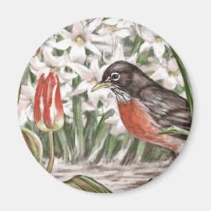 Robin en Red Tulips Spring Flowers Painting Magneet