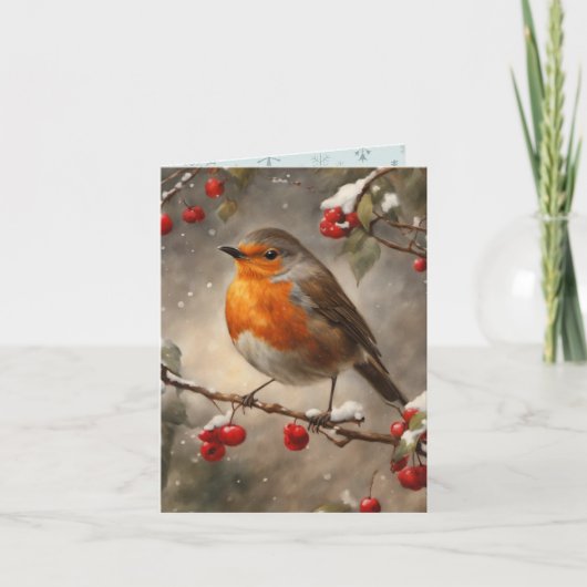 Robin en rode bessen Kerstmis Kaart (Voorkant)