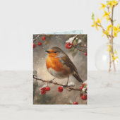Robin en rode bessen Kerstmis Kaart (Gele Bloem)