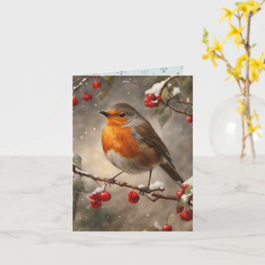 Robin en rode bessen Kerstmis Kaart (Gele Bloem)