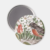 Robin en Rode Tulpen Lente Bloemen Schilderen Magneet (Voorkant / Achterkant)