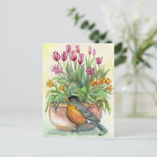 Robin en Tulips Briefkaart (Staand voorkant)