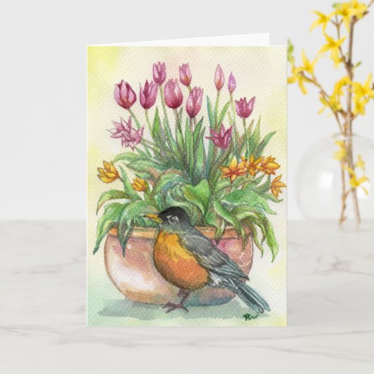 Robin en Tulips Kaart (Gele Bloem)
