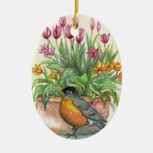 Robin en Tulips Keramisch Ornament (Voorkant)