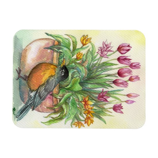 Robin en Tulips Magneet (Horizontaal)