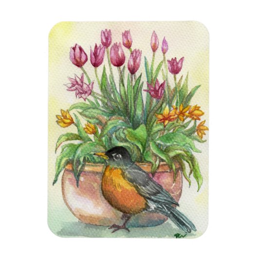 Robin en Tulips Magneet (Verticaal)