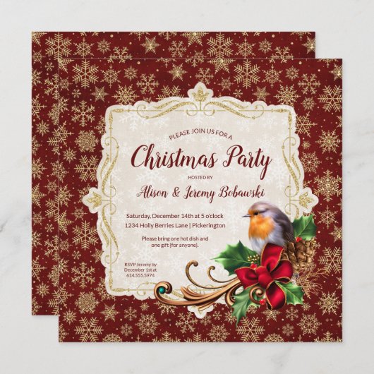 Robin & Goud Glitter Sneeuwvlokken Kerstfeest Kaart (Voorkant / Achterkant)