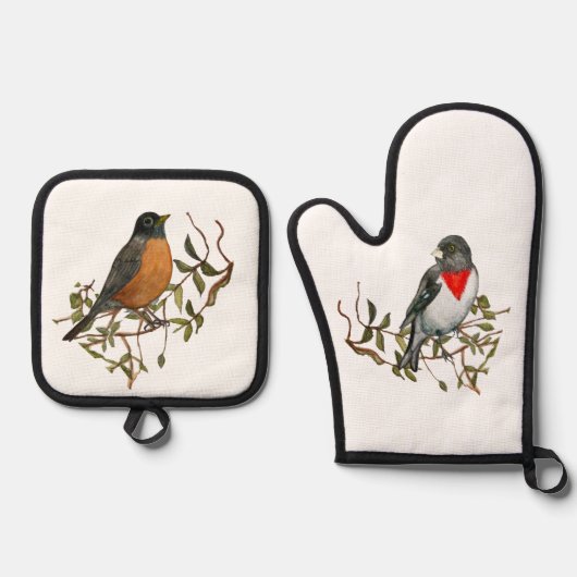 Robin Grosbeak Oven Mitt en Pothouder Set (Voorkant)
