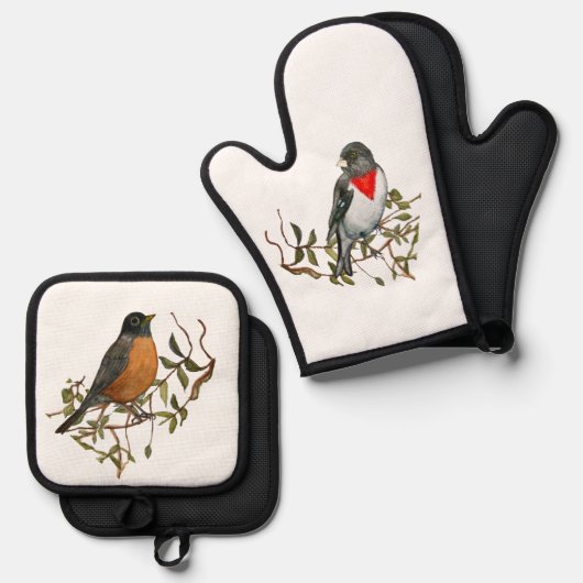 Robin Grosbeak Oven Mitt en Pothouder Set (Voorkant / Achterkant)