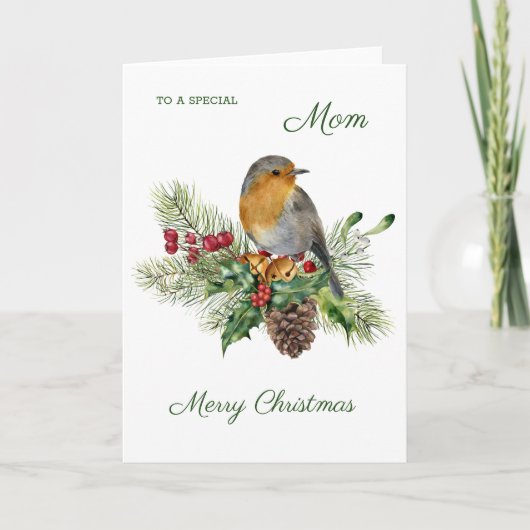 Robin, heilig, pijnhout - Mam Kerstmis Kaart (Voorkant)