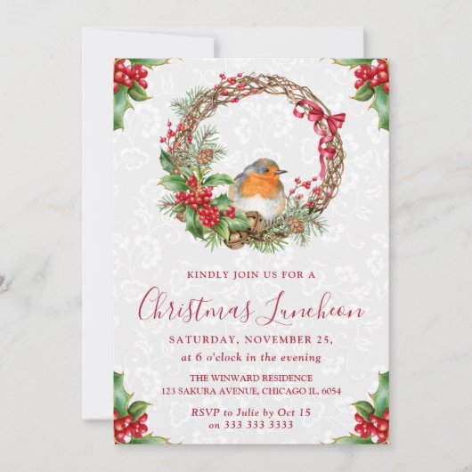 Robin & Holly Berry Wreath Kerstluncheon Kaart (Voorkant)