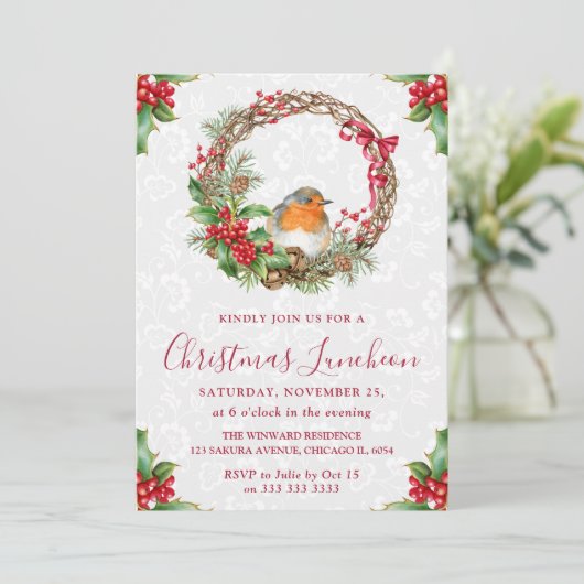 Robin & Holly Berry Wreath Kerstluncheon Kaart (Staand voorkant)