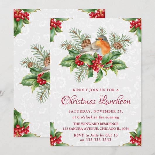 Robin & Holly en Winter Berry-kerstlunch Kaart (Voorkant / Achterkant)