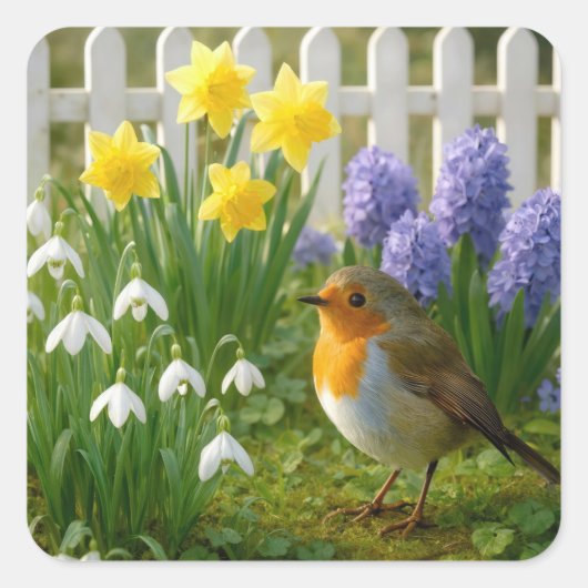 Robin in a Springtime Garden Vierkante Sticker (Voorkant)
