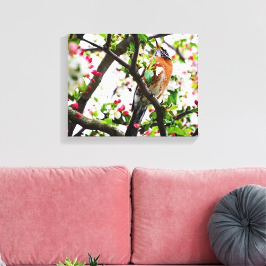 Robin in Blooming Crabapple Tree Print Canvas (Insitu (Woonkamer))