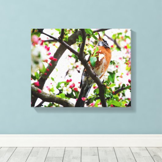 Robin in Blooming Crabapple Tree Print Canvas (Insitu (Houten vloer))