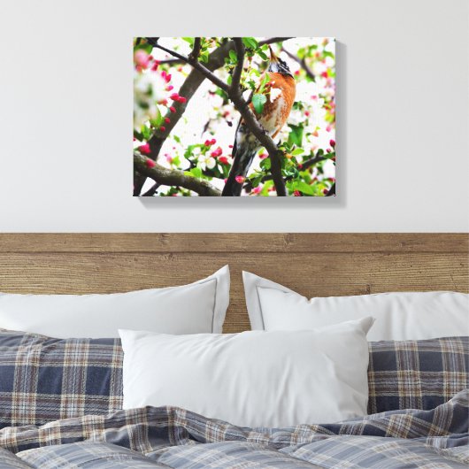 Robin in Blooming Crabapple Tree Print Canvas (Insitu (Slaapkamer))