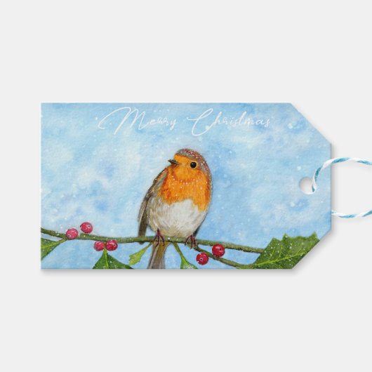 Robin in Snow Waterverf Painting Gift Label Cadeaulabel (Voorkant (Horizontaal))
