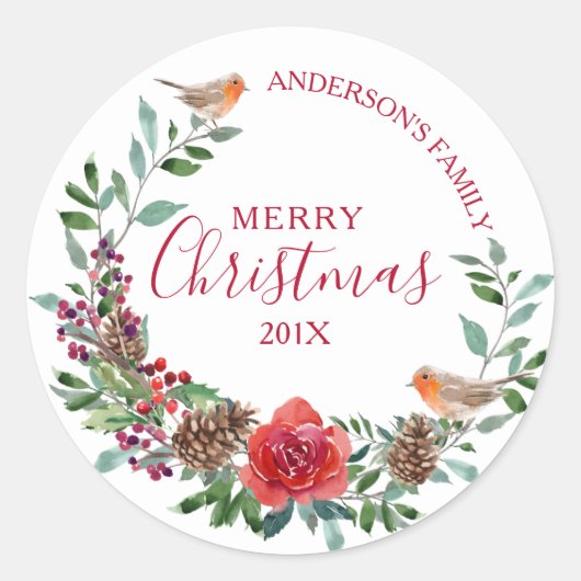 Robin & Kerstbloemen & holly krans Ronde Sticker (Voorkant)