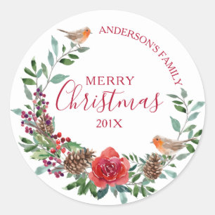 Robin & Kerstbloemen & holly krans Ronde Sticker