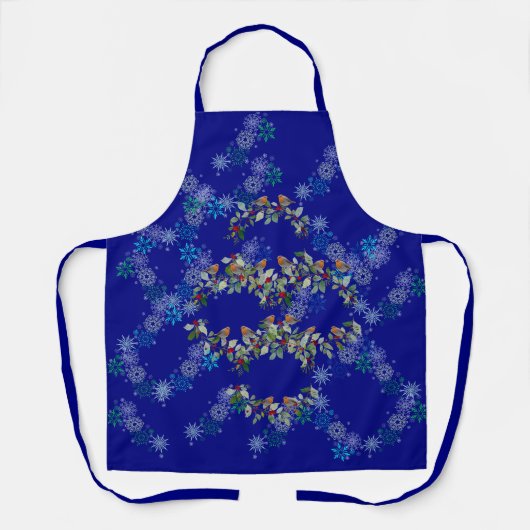 Robin, kransen en sneeuwvlokken blauw schort (Voorkant)