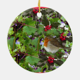 Robin met hulst en klimop - kerstdecoratie keramisch ornament