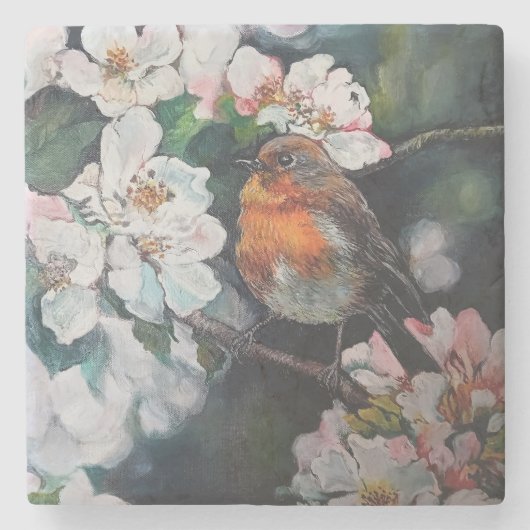 Robin met kersenbloesem stenen onderzetter (Voorkant)