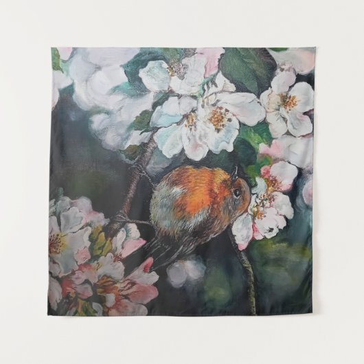 Robin met kersenbloesem wandkleed (Voorkant (horizontaal))