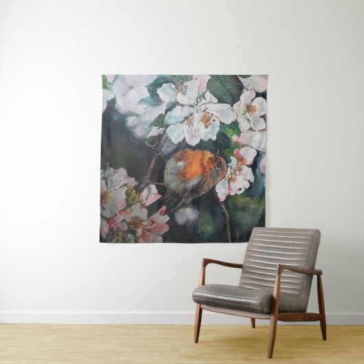 Robin met kersenbloesem wandkleed (In Situ (horizontaal))