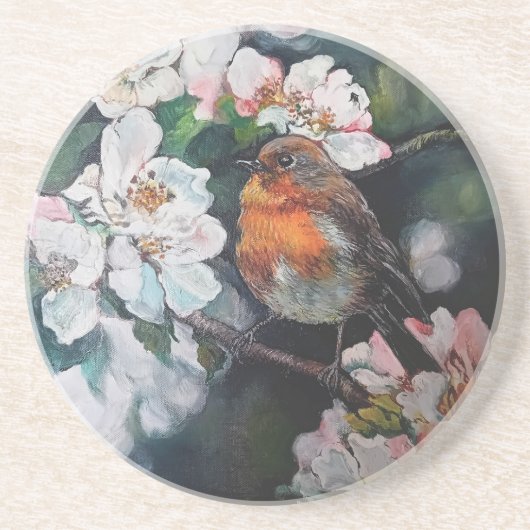 Robin met kersenbloesem zandsteen onderzetter (Voorkant)