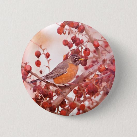 Robin met rode bessen ronde button 5,7 cm (Voorkant)