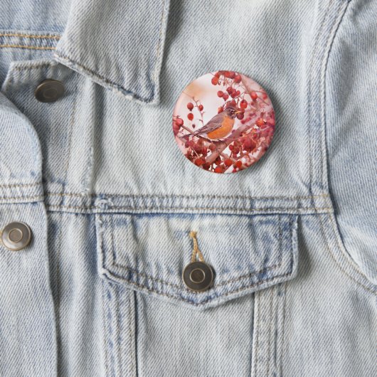 Robin met rode bessen ronde button 5,7 cm (In situ)