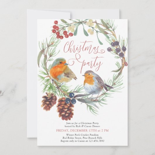 Robin Mistletoe en Pine Wreath kerstparty Kaart (Voorkant)