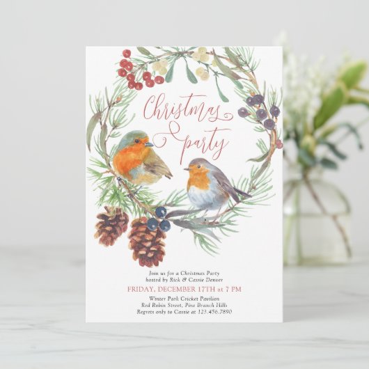 Robin Mistletoe en Pine Wreath kerstparty Kaart (Staand voorkant)
