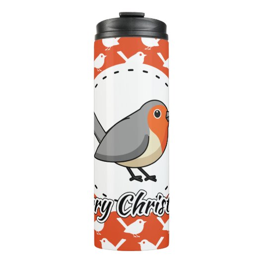 Robin on Orange White Bird Pattern - Merry Xmas Thermosbeker (Voorkant)