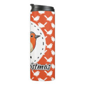 Robin on Orange White Bird Pattern - Merry Xmas Thermosbeker (Geroteerd rechts)