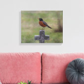Robin op een kruis canvas afdruk (Insitu (Woonkamer))