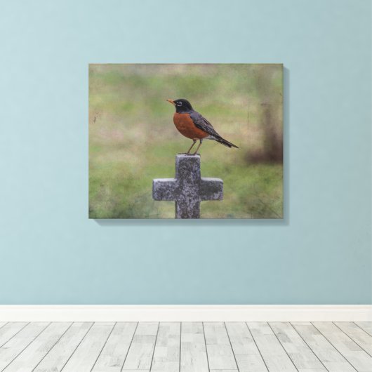Robin op een kruis canvas afdruk (Insitu (Houten vloer))
