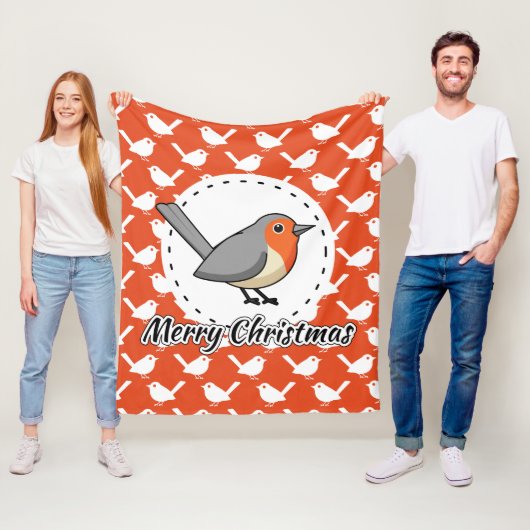 Robin op het Oranje witte vogelpatroon - Merry Xma Fleece Deken (In situ)