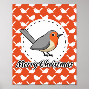 Robin op het Oranje witte vogelpatroon - Merry Xma Poster