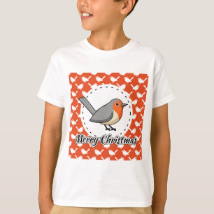 Robin op het Oranje witte vogelpatroon - Merry Xma T-shirt
