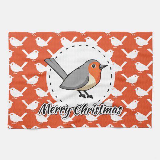 Robin op het Oranje witte vogelpatroon - Merry Xma Theedoek (Horizontaal)