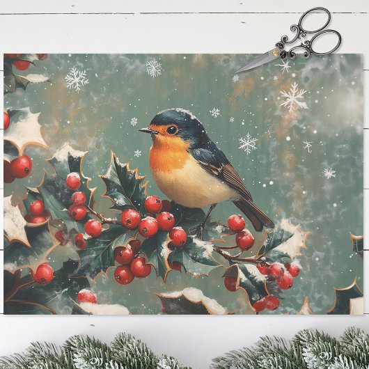 Robin op Holly Branch in Sneeuwdecoupage Tissuepapier